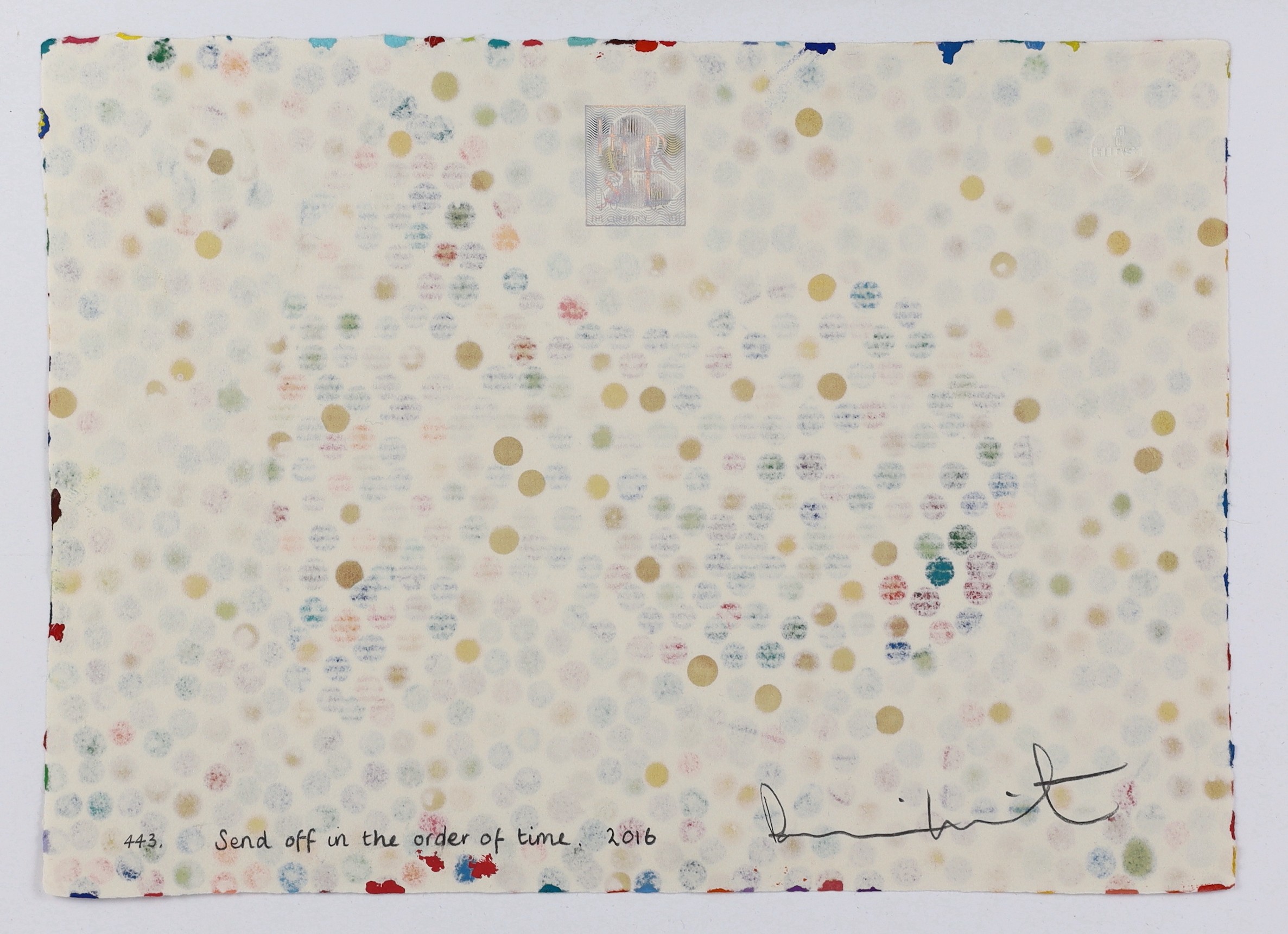 Damien Hirst (British, b.1965), Send off in the order of time, no.443, The Currency, 2016, unique enamel on handmade paper from an original edition of 10,000, with 5,149 remaining, 21.5 x 30cm